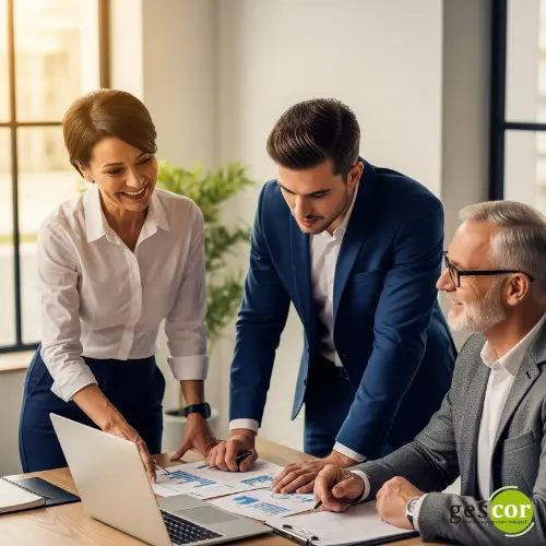 Tres professionals de negocis col·laborant en una oficina moderna